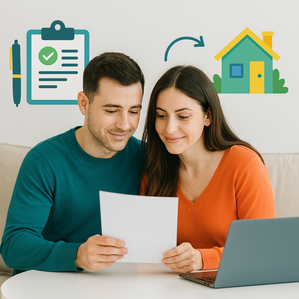 A happy couple looking at the mortgage letter 